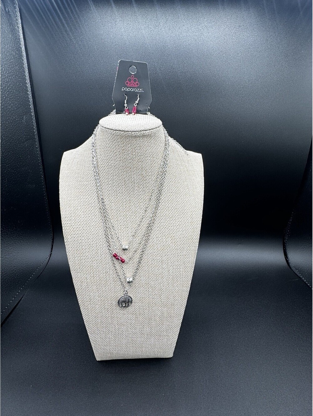 Paparazzi Layered Tree of Life Necklace Set Silver Tone Red/BurgBead Jewelry NWT